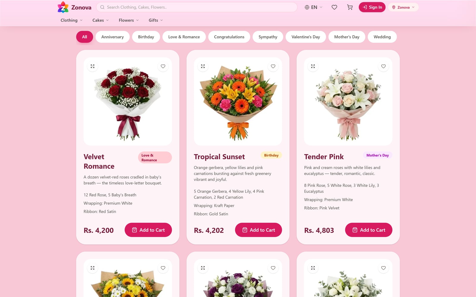 The flower collections page, with occasion filters across the top and bouquet cards showing stems, wrapping, ribbon and price.