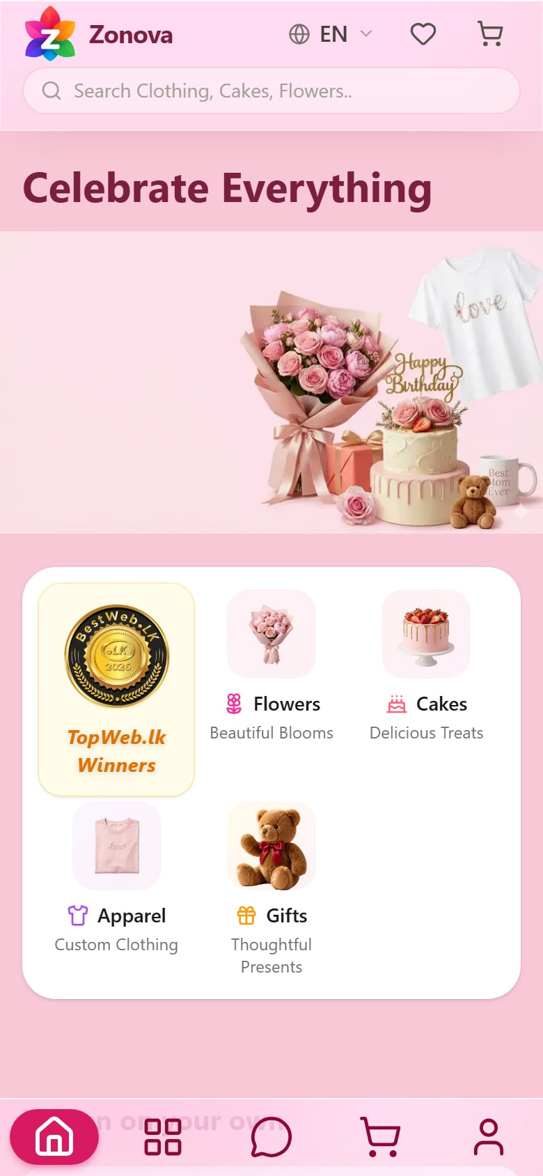 Zonova Shop on a phone, with the search bar, the Celebrate Everything hero and a bottom tab bar for home, categories, chat, cart and account.