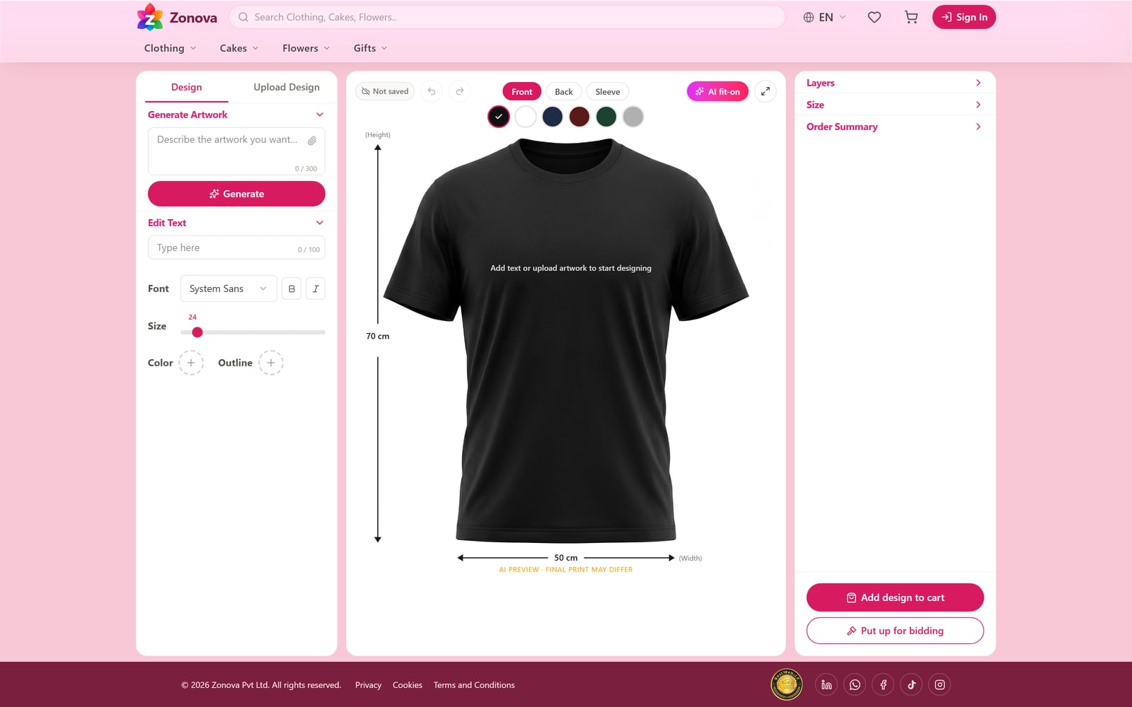 The clothing design studio, with an artwork prompt box, text and font controls, a garment preview with print dimensions, and layer, size and order panels.