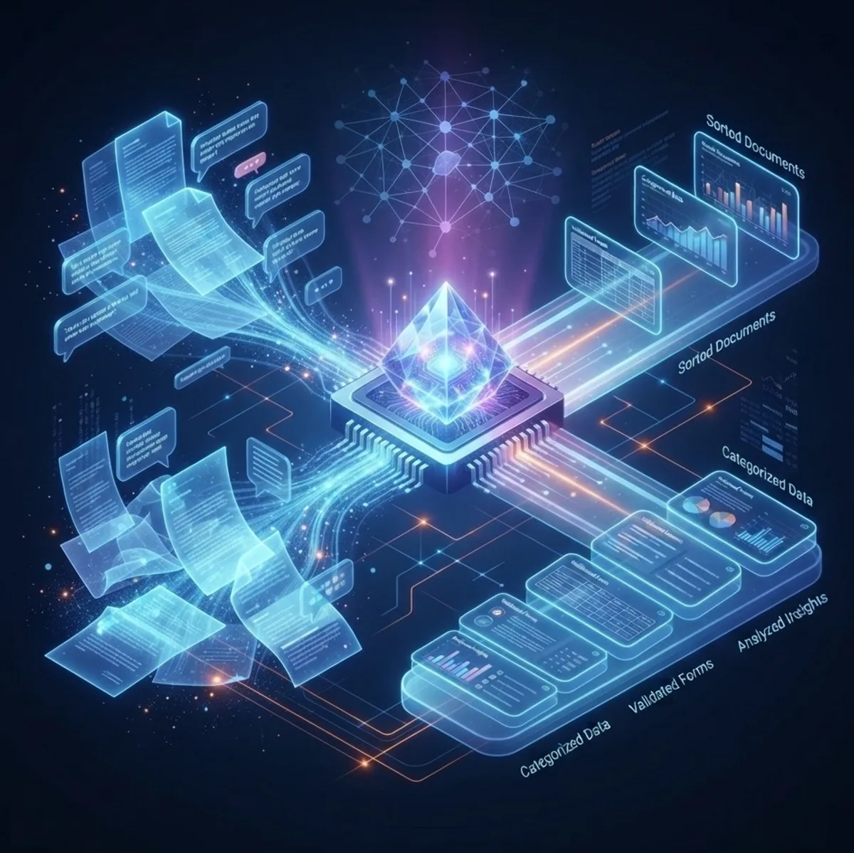 Loose documents, forms and chat messages flowing into a glowing crystal on an AI chip, which sends them out as sorted, categorised and validated cards along a lit track.