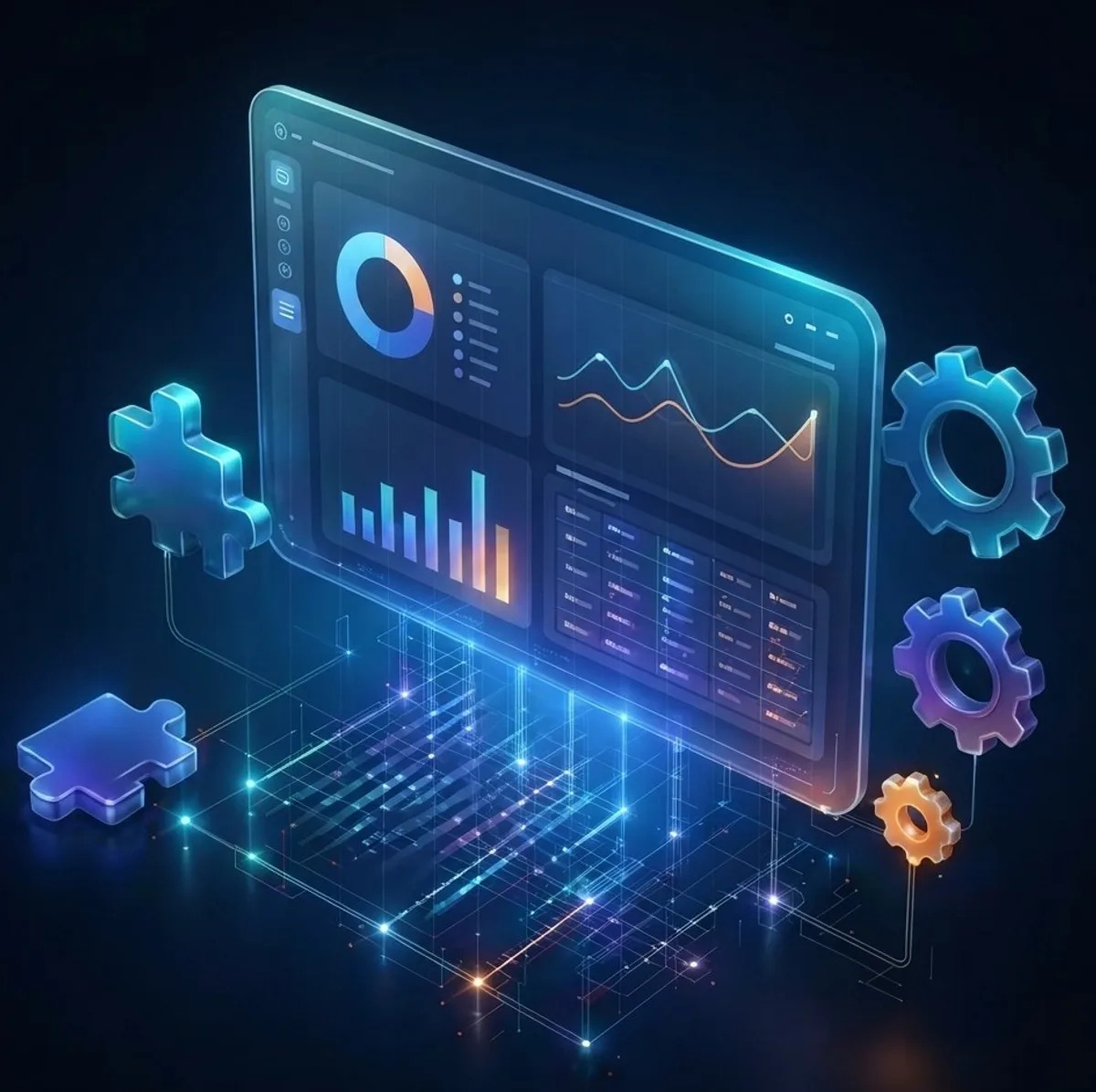 A floating glass dashboard with charts and a data table rising out of a glowing grid of code lines, with puzzle pieces and gears clicking into place around it.