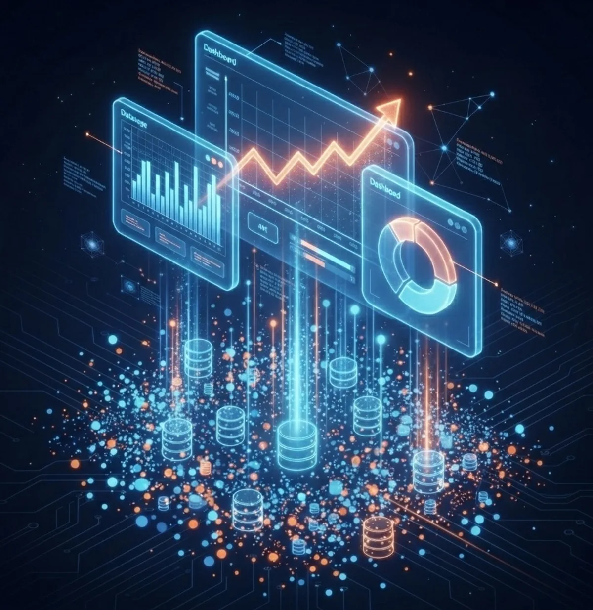 Scattered data points and database cylinders rising as beams of light into floating dashboards with a bar chart, a rising trend line and a donut chart.