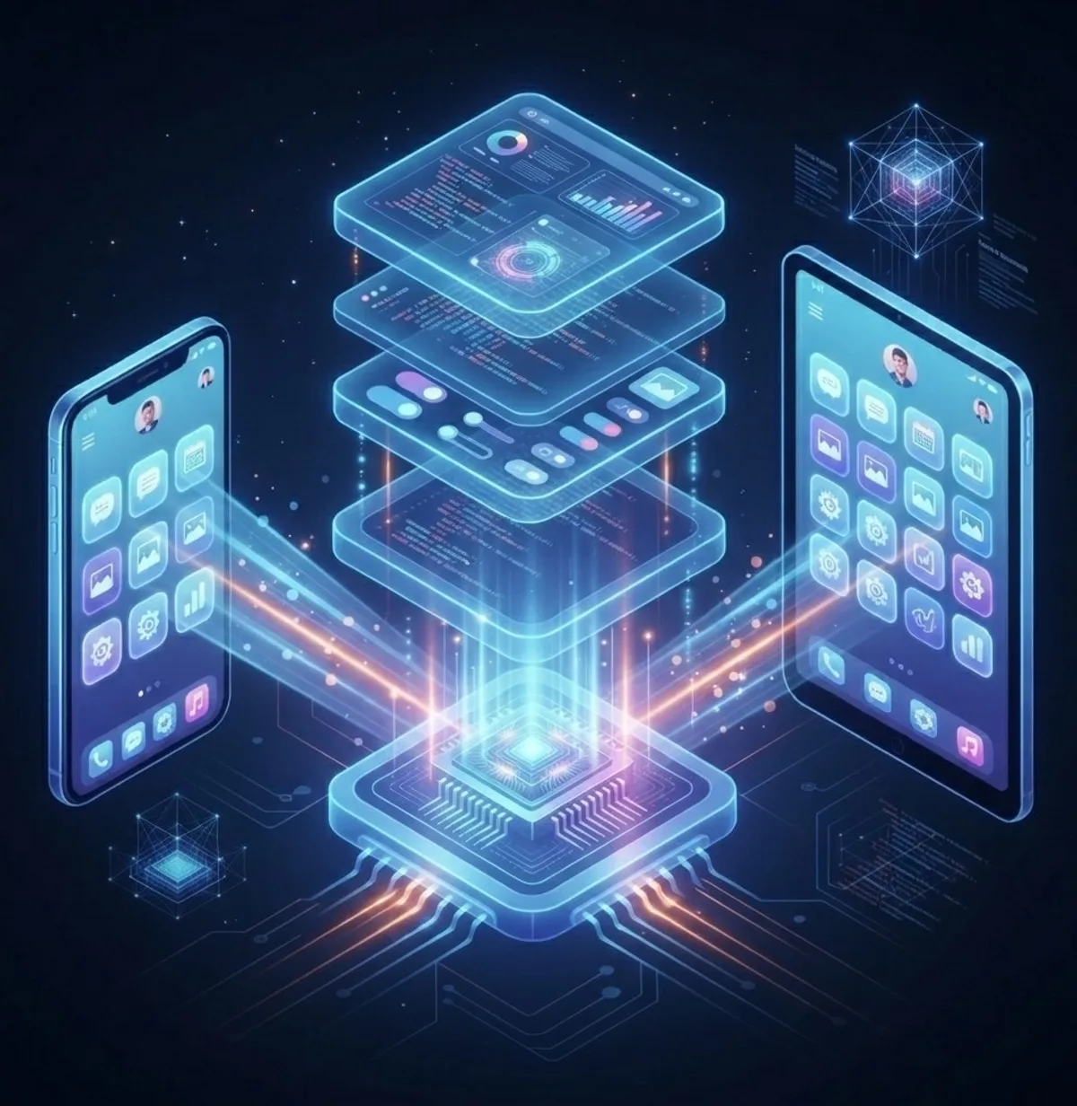 A stack of shared glowing interface layers above a chip, beaming the same app out to a phone on one side and a tablet on the other.