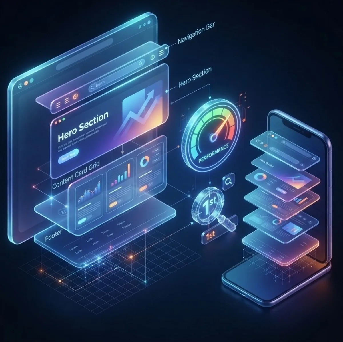 A website pulled apart into floating layers (navigation, hero, content cards and footer) beside a phone showing the same layers, with a performance gauge and a first-place search ranking.